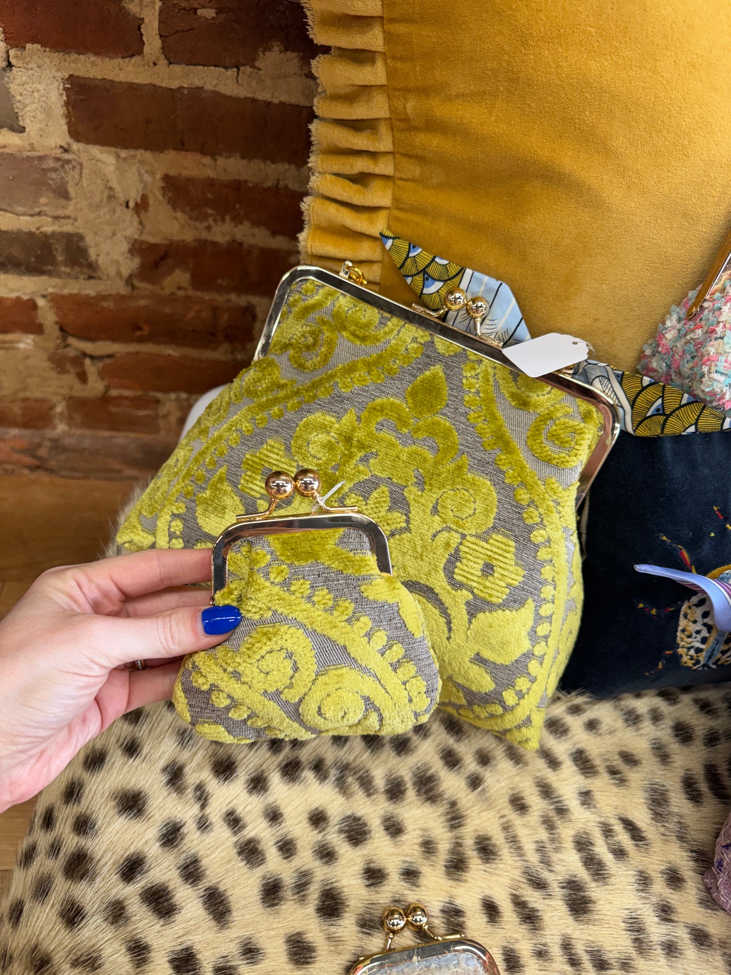 Glenda Gies Chartreuse Velvet “Coco” Purse + Scarf Chain