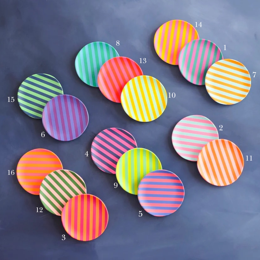 Glitterville Supper Stripes Melamine Appetizer Plates- 16 Colors