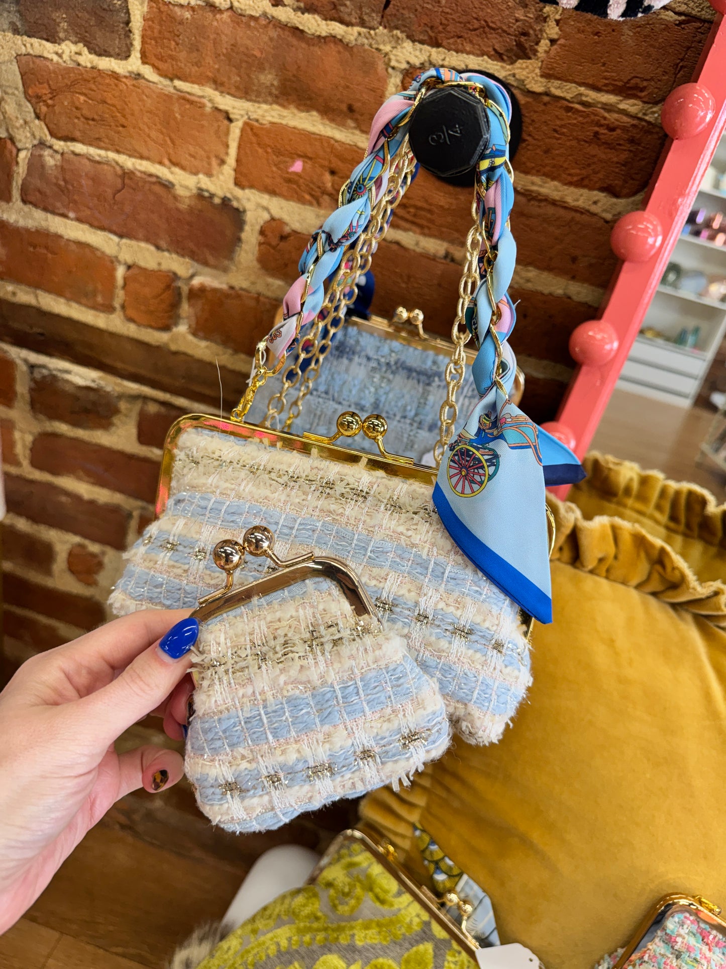 Glenda Gies Blue White Tweed “Pixie” Coin Purse