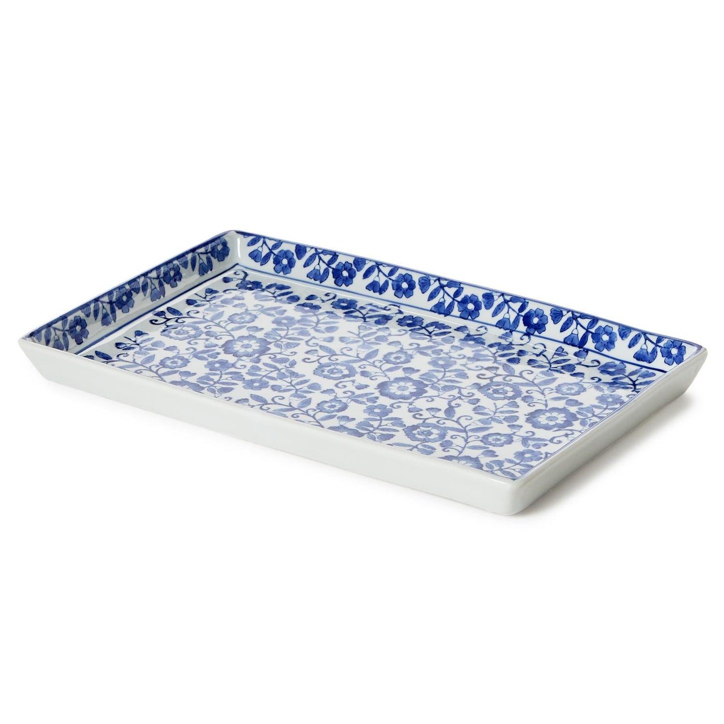 Signature Chinoiserie Hand-Painted Porcelain Blue and White Floral Tray
