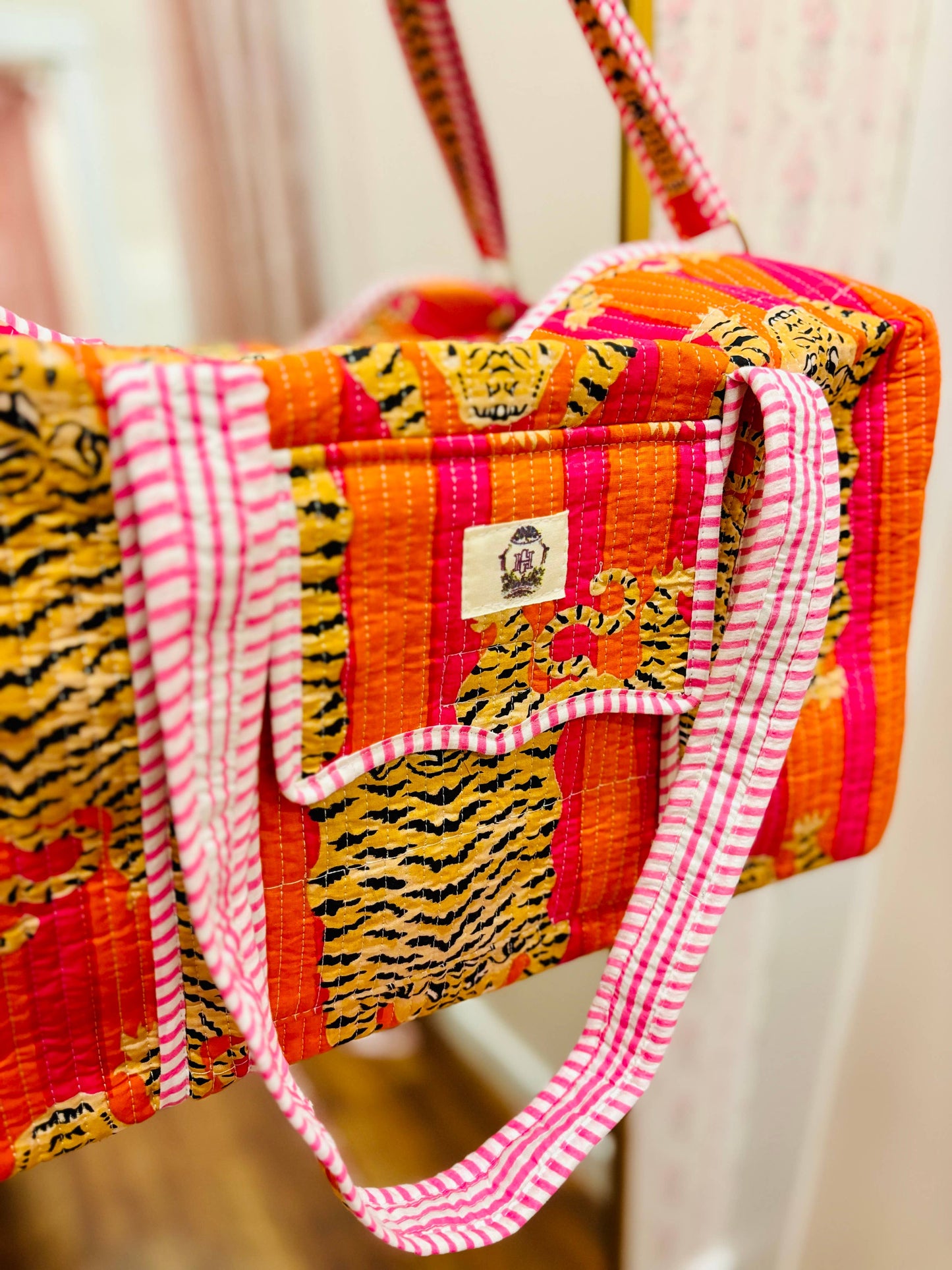 Pink + Orange Tiger Large Scalloped Quilted Duffle Bag