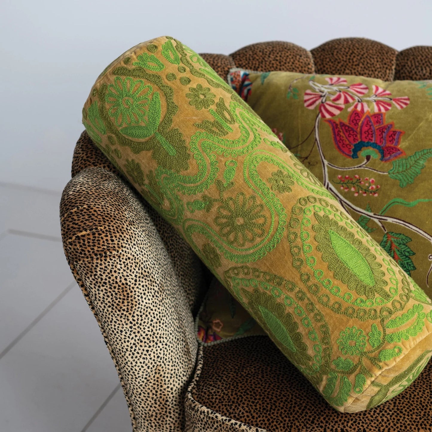 Green Velvet Embroidered Bolster Pillow