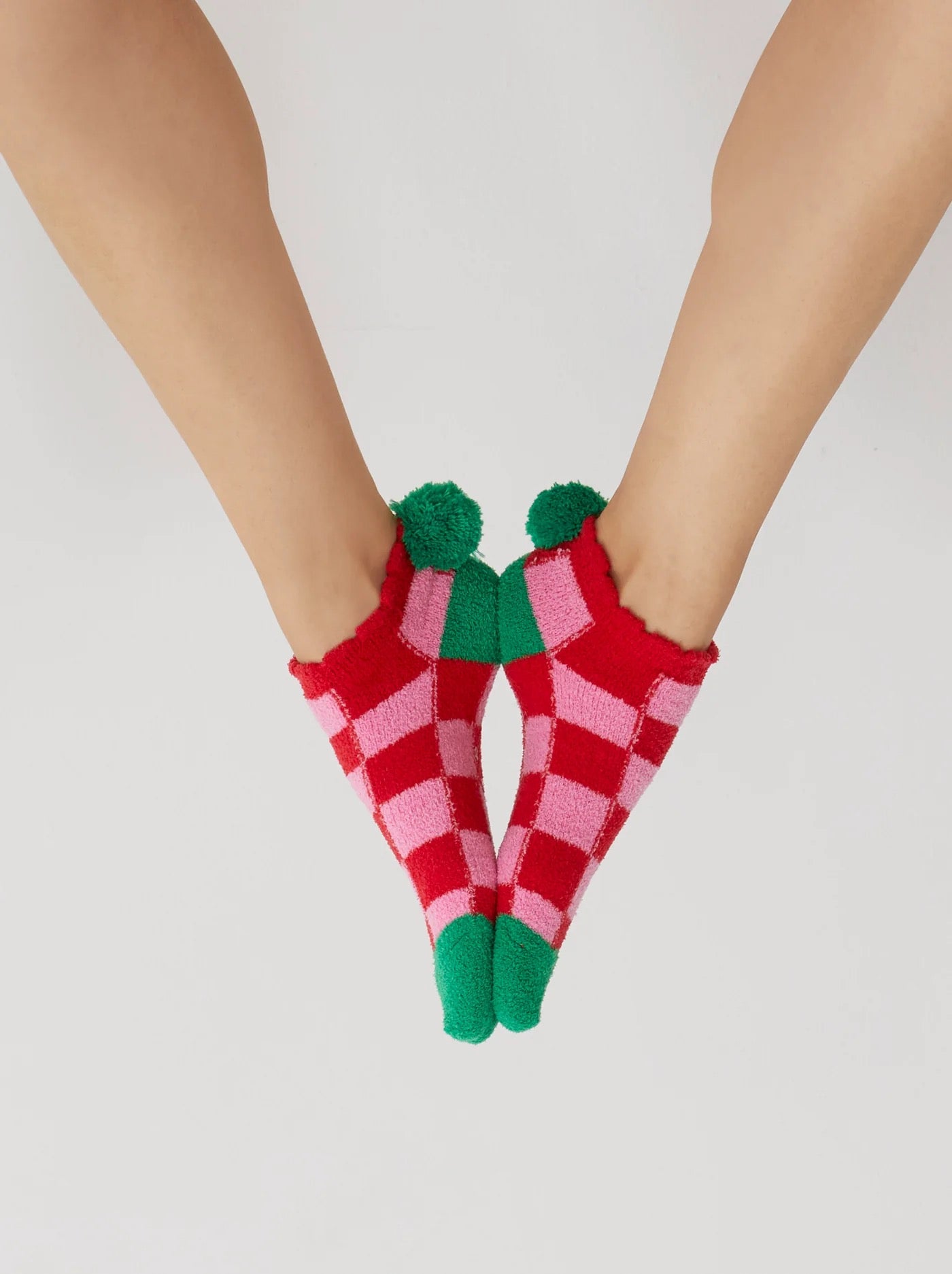 Christmas Checkered Fuzzy Ball Socks, Pink/Red/Green
