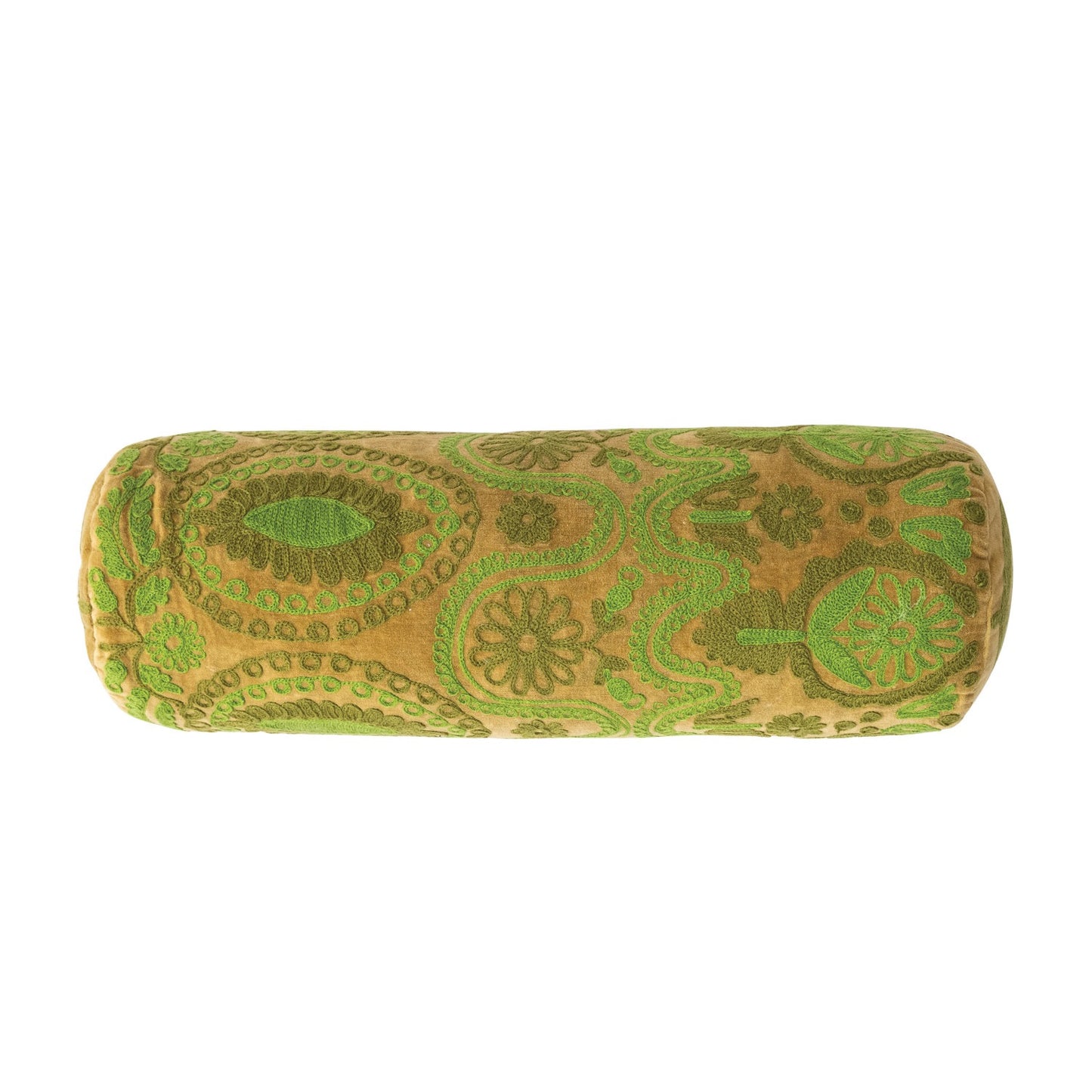 Green Velvet Embroidered Bolster Pillow