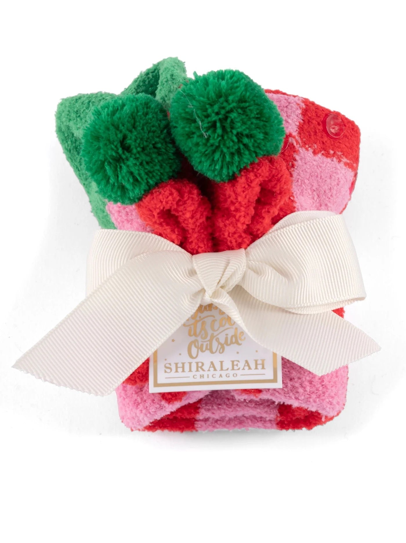 Christmas Checkered Fuzzy Ball Socks, Pink/Red/Green