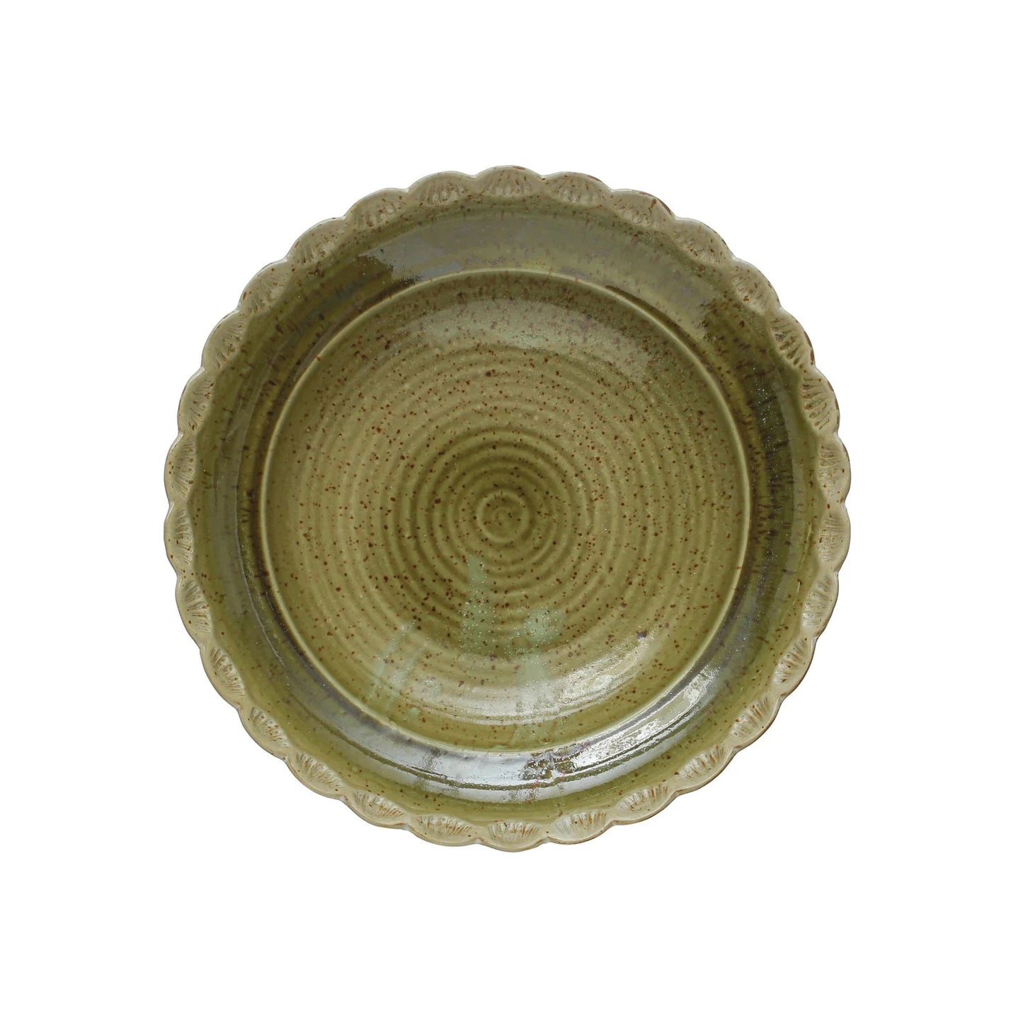 Green Glazed Stoneware Scalloped Edge Bowl