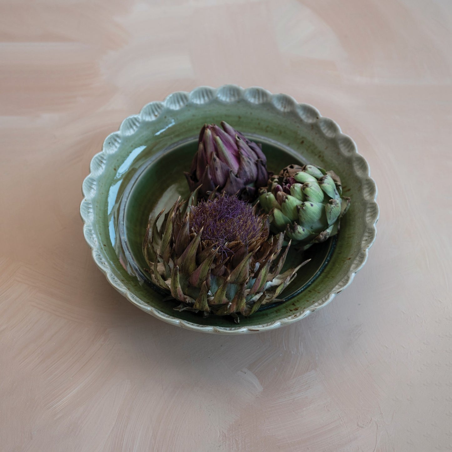 Green Glazed Stoneware Scalloped Edge Bowl