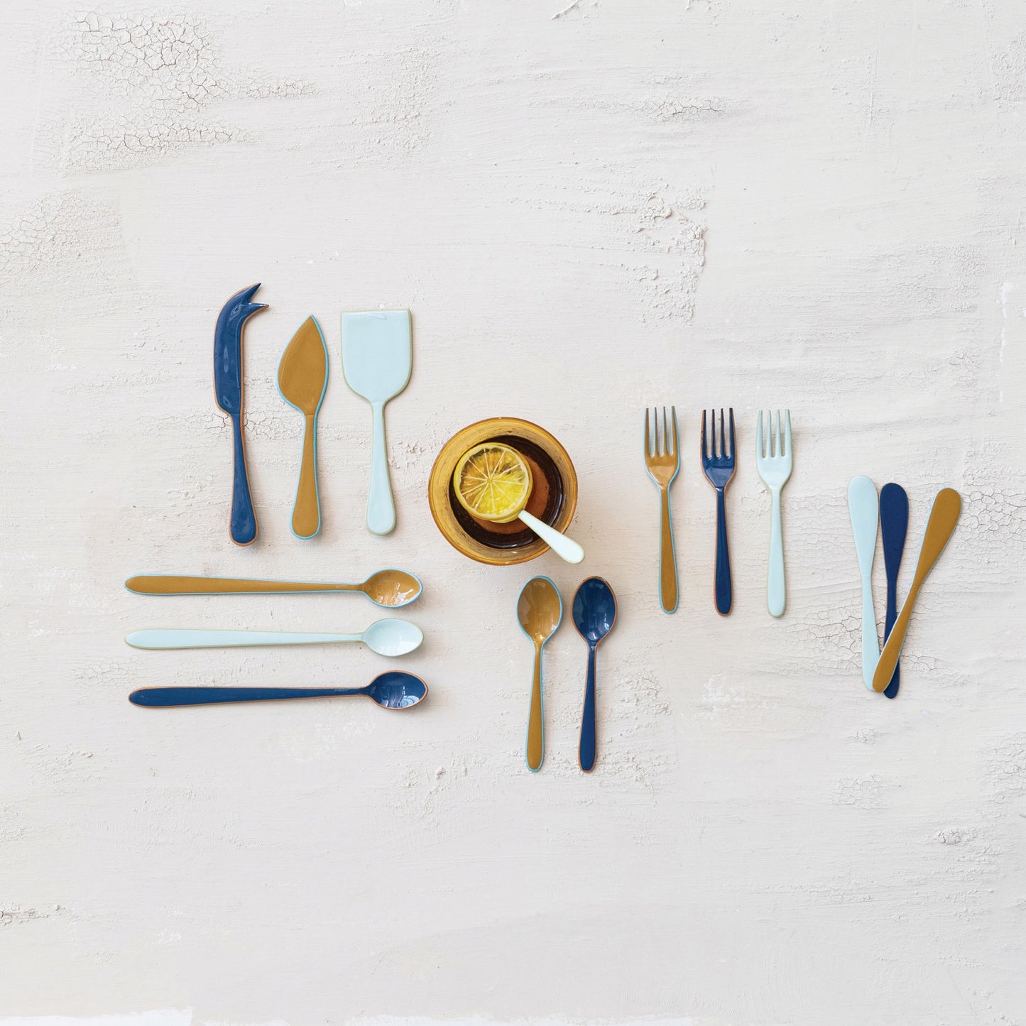 Enameled Blue/Mustard Stainless Steel Cheese Knives Set