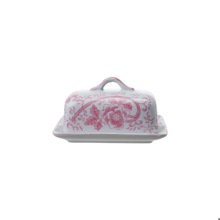 Pink + White Vintage Ceramic Butter Dish
