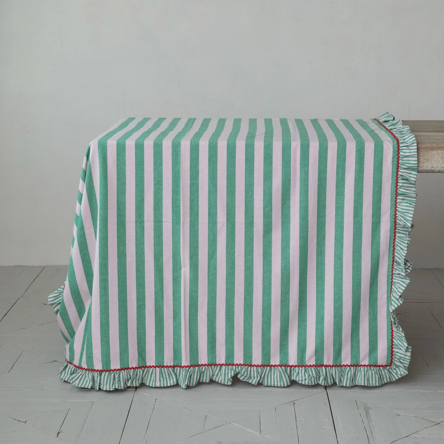 Green Ric Rac Ruffle Cotton Striped Tablecloth