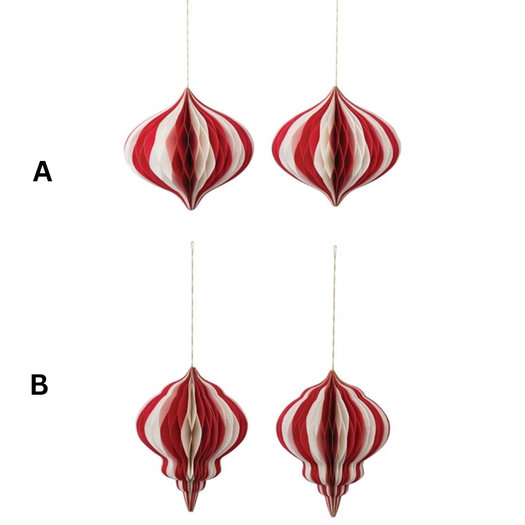 Red/White Honeycomb Paper Ornaments, 2 Styles