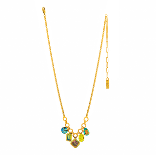 Gold necklace with colorful beads on a white background