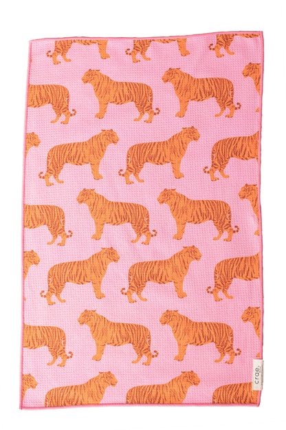 Reversible Hand Towel: Pink Tigers + Green Flowers