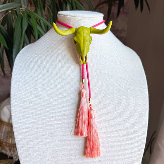 Longhorn Bolo Olive Green with Hot Pink & Peach Necklace