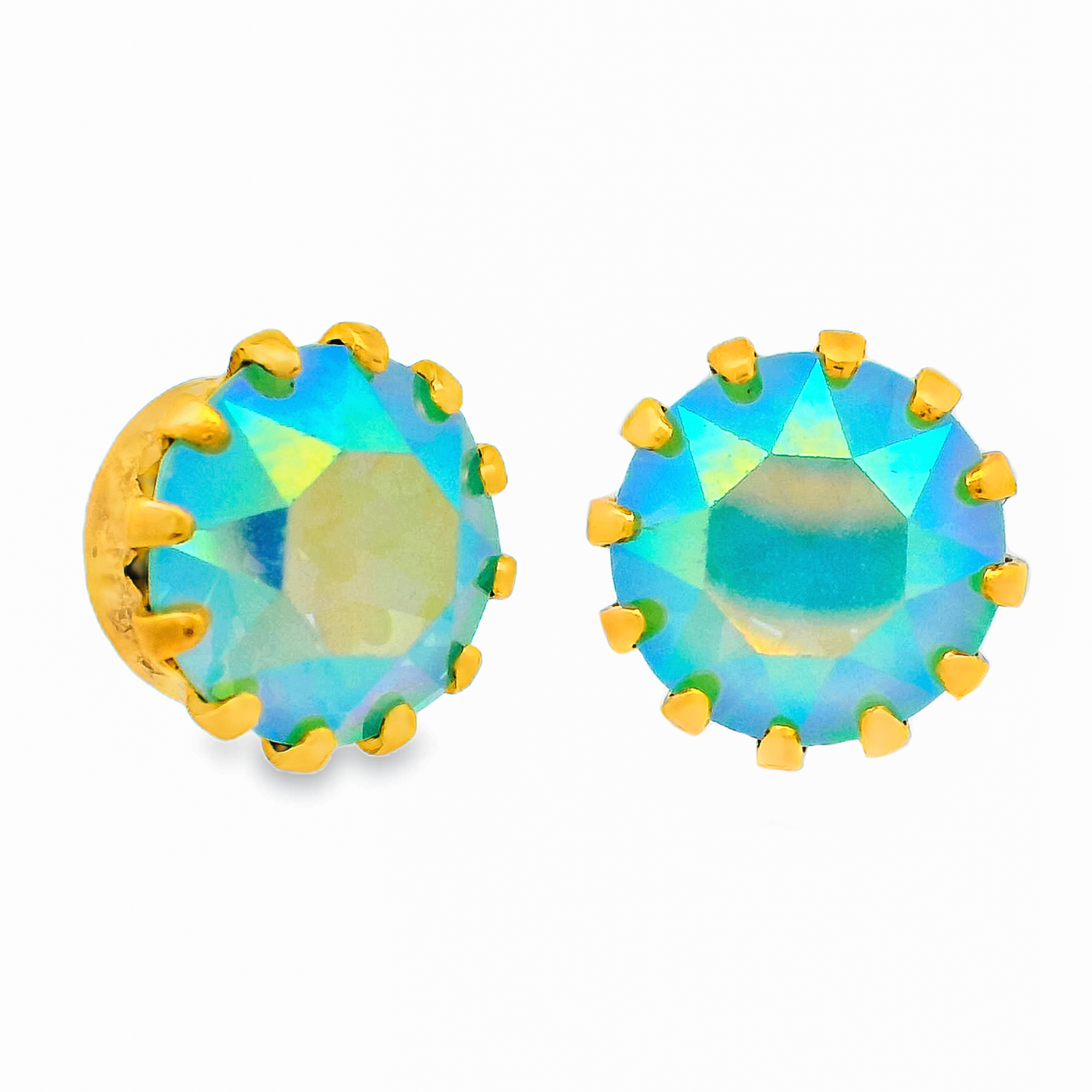 Pair of round earrings with blue Swarovski crystal gemstones and gold accents on a white background