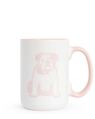 White Coffee mug with a pink bulldog printed on it 