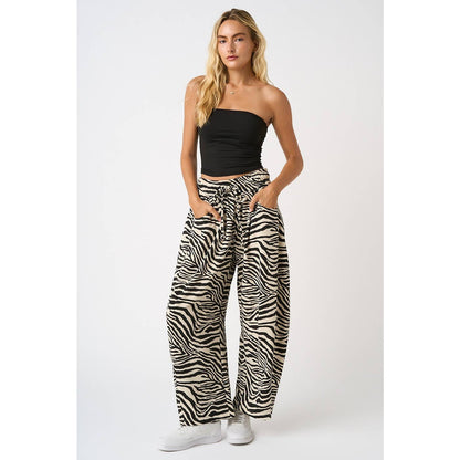 ZEBRA PRINT PULL-ON BARREL LEG PANTS: BLACK/WHITE **Run Large