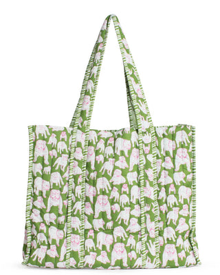 Chelsea Bulldog Quilted Tote    Green/Pink/White    18x16x7