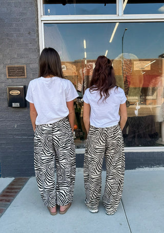ZEBRA PRINT PULL-ON BARREL LEG PANTS: BLACK/CREAM