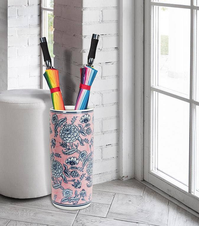 Floral Print Umbrella Stand-Pink & Blue-18"H