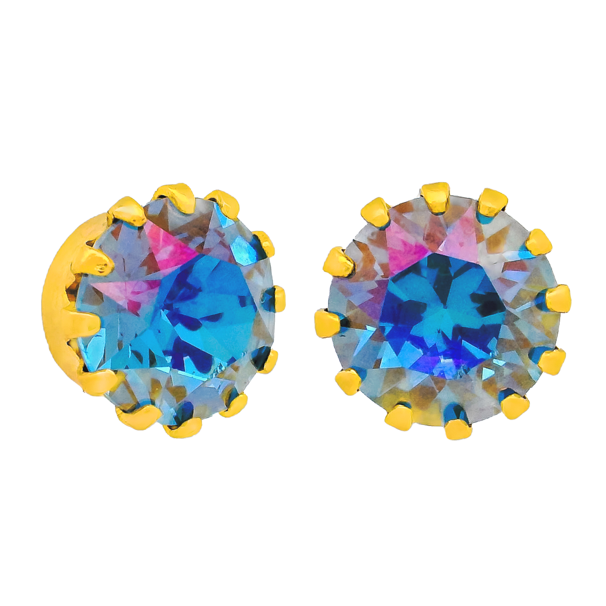 Multicolored gemstone earrings with gold accents on a white background