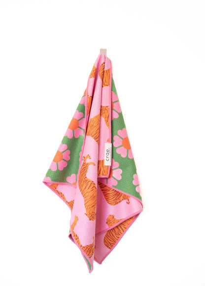 Reversible Hand Towel: Pink Tigers + Green Flowers