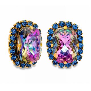 Multicolored gemstone earrings with blue accents on a white background