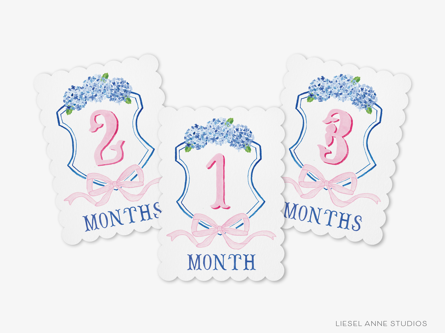 Blue and Pink Crest Scalloped Monthly Milestone Cards