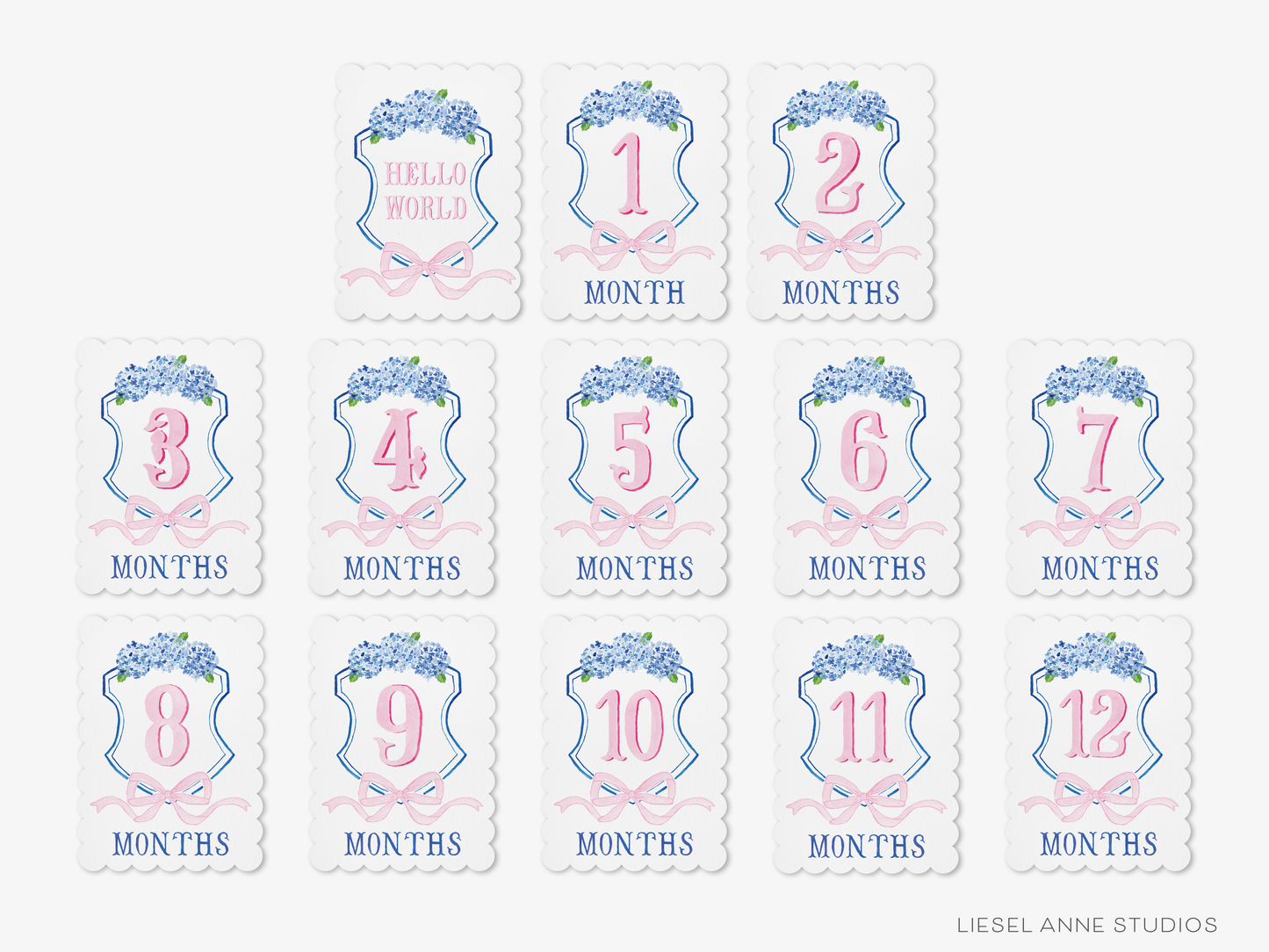 Blue and Pink Crest Scalloped Monthly Milestone Cards