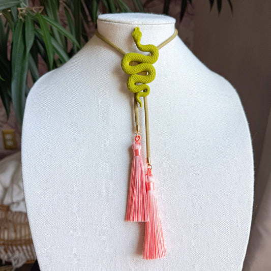 Snake Bolo Olive Green with Khaki & Peach Necklace