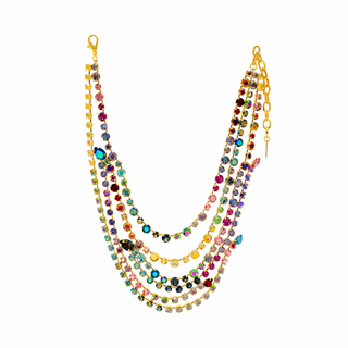 Multicolored beaded necklace with gold chain on a white background