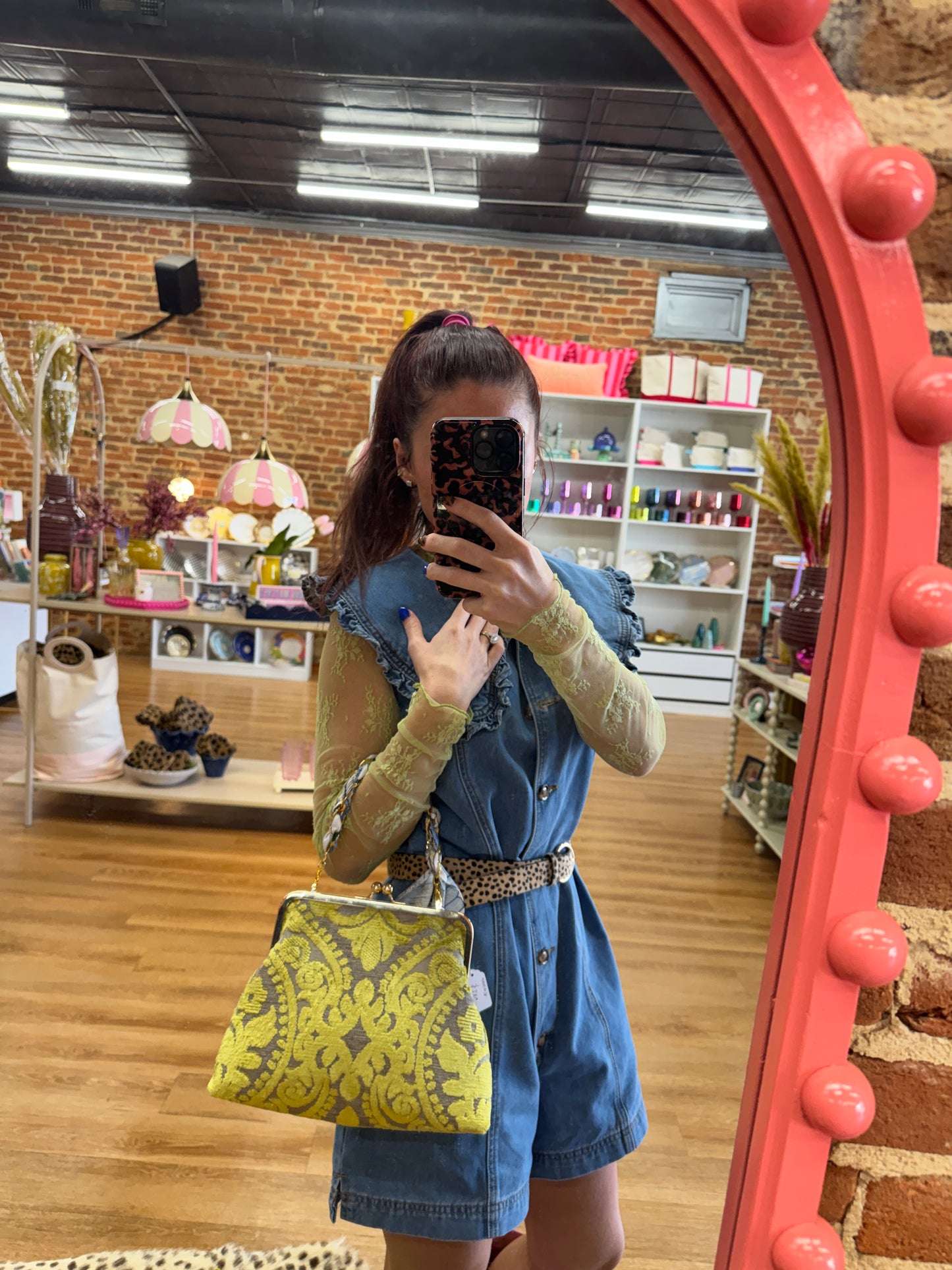 Glenda Gies Chartreuse Velvet “Coco” Purse + Scarf Chain