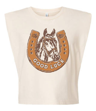 Beige sleeveless shirt with a horse and horseshoe graphic and 'Good Luck' text on a white background