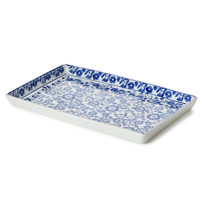 Signature Chinoiserie Hand-Painted Porcelain Blue and White Floral Tray