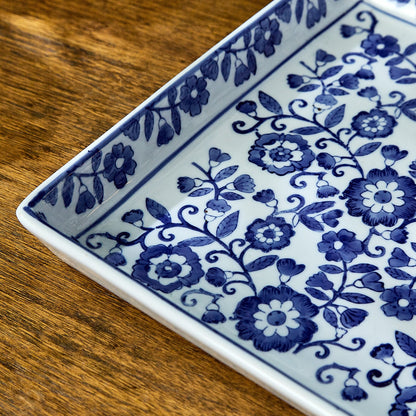 Signature Chinoiserie Hand-Painted Porcelain Blue and White Floral Tray
