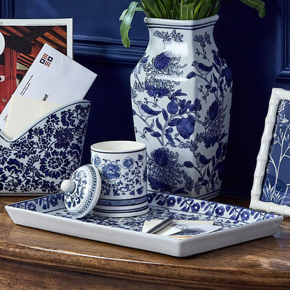 Signature Chinoiserie Hand-Painted Porcelain Blue and White Floral Tray