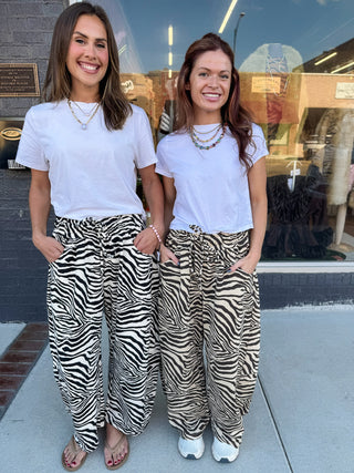 ZEBRA PRINT PULL-ON BARREL LEG PANTS: BLACK/CREAM