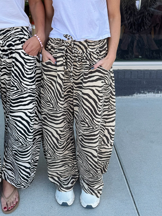ZEBRA PRINT PULL-ON BARREL LEG PANTS:BROWN/TAN