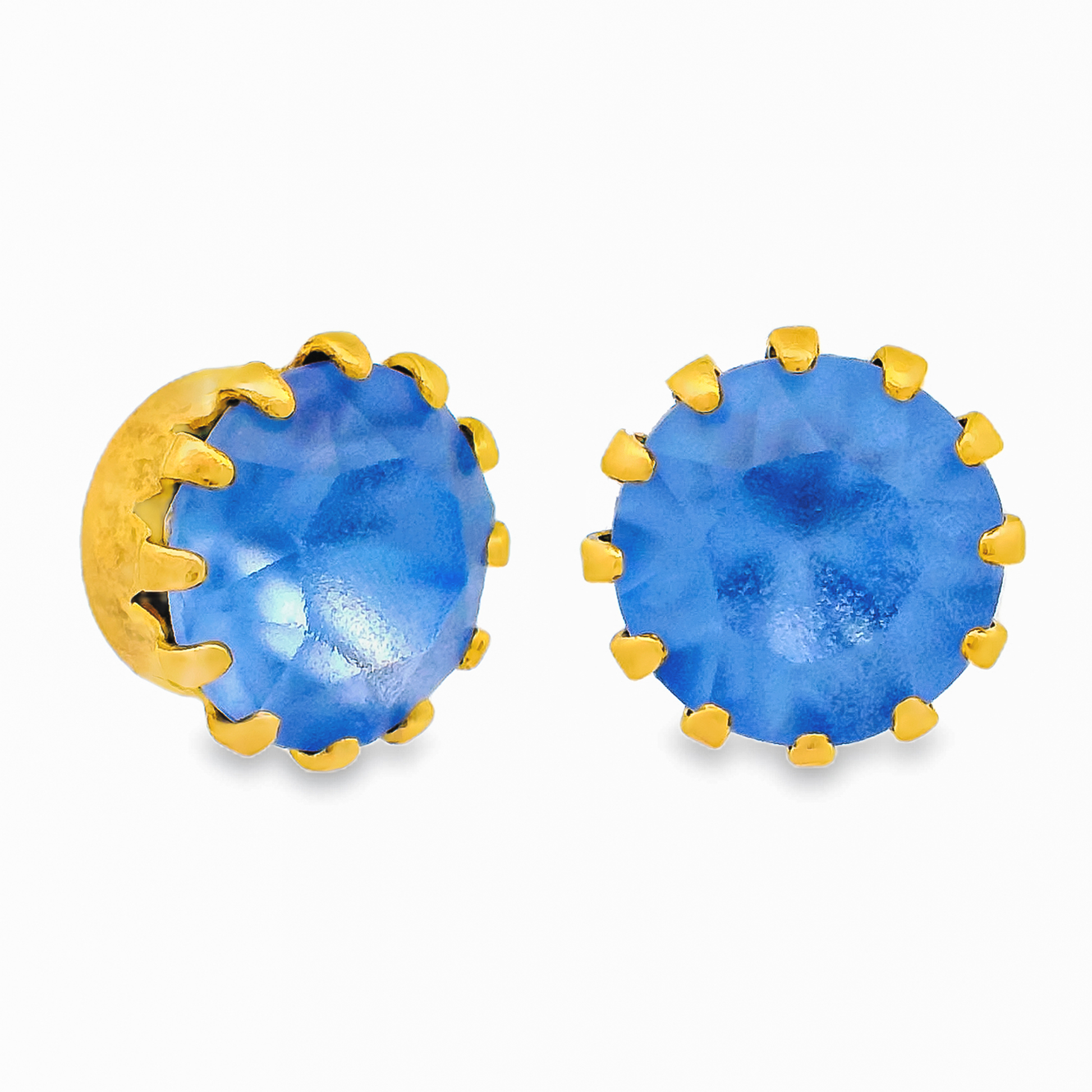 Pair of blue round earrings with gold accents on a white background