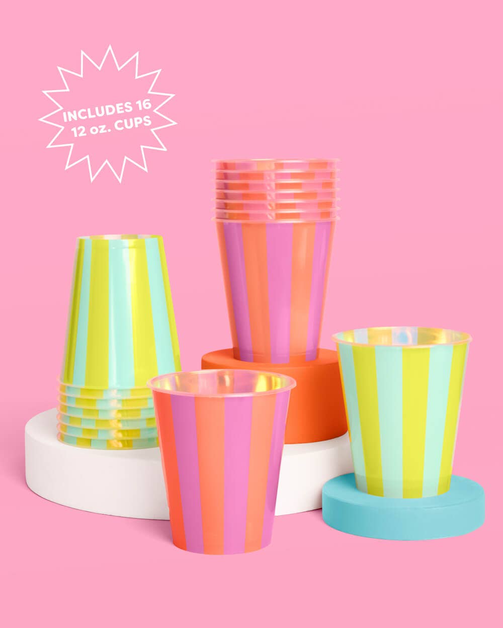 Pool Party Striped Cups Set of 16 | Pink Green Iridescent