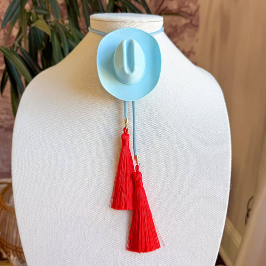 Cowboy Hat Bolo- Powder Blue & Red