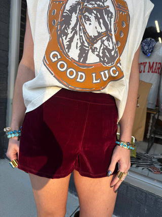 Wine About It Maroon Velvet Mini Shorts