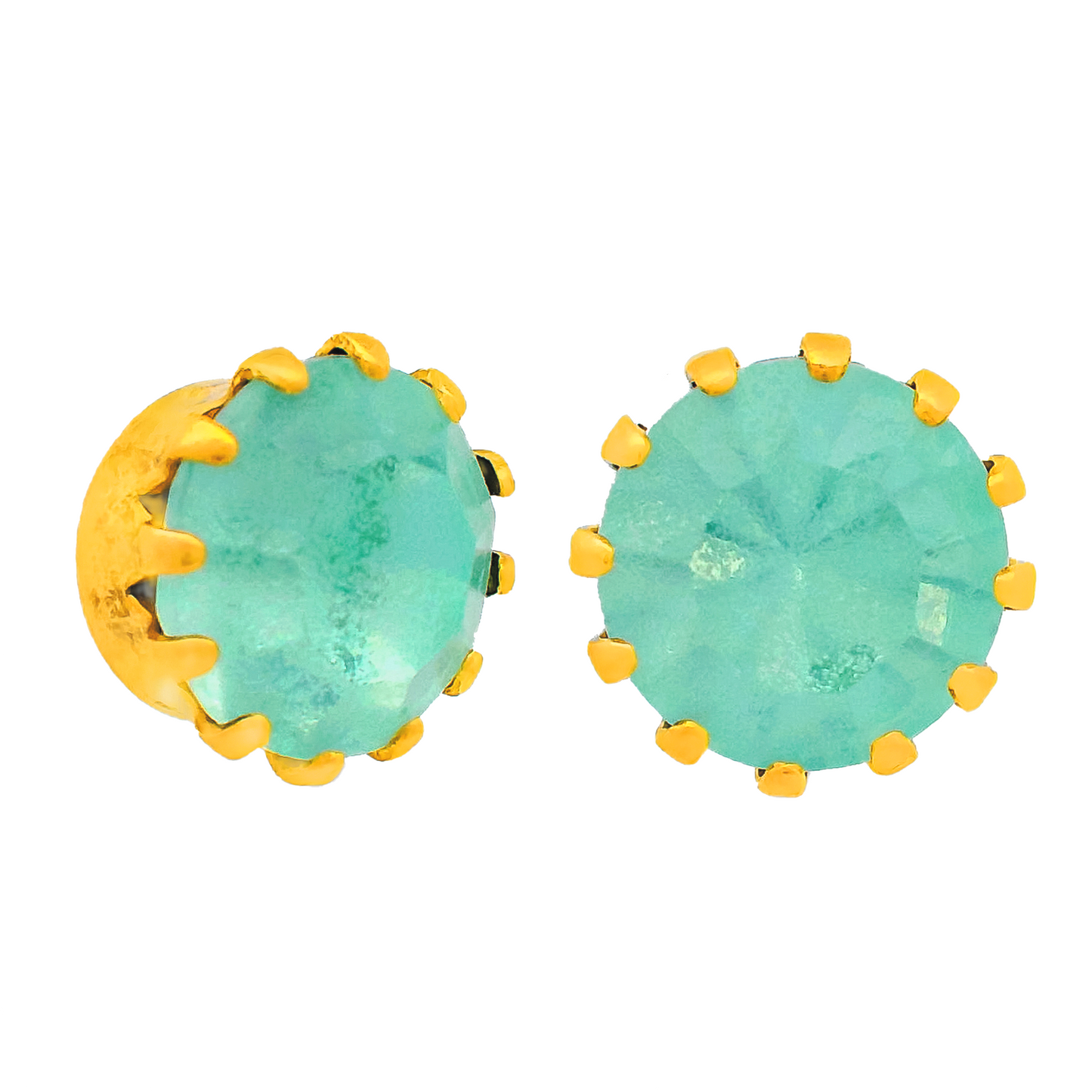 Turquoise earrings with gold accents on a white background