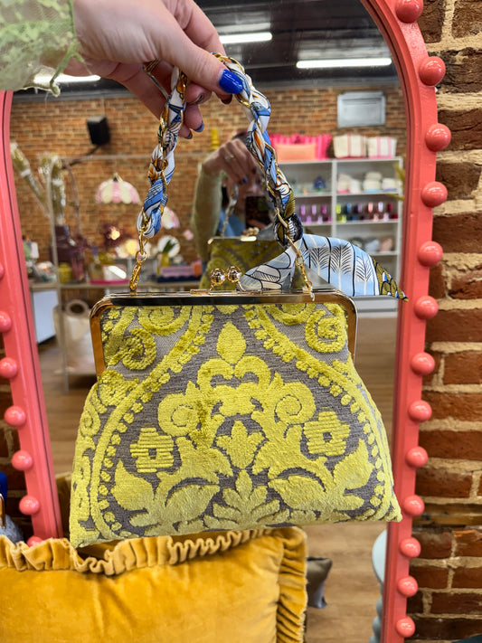 Glenda Gies Chartreuse Velvet “Coco” Purse + Scarf Chain