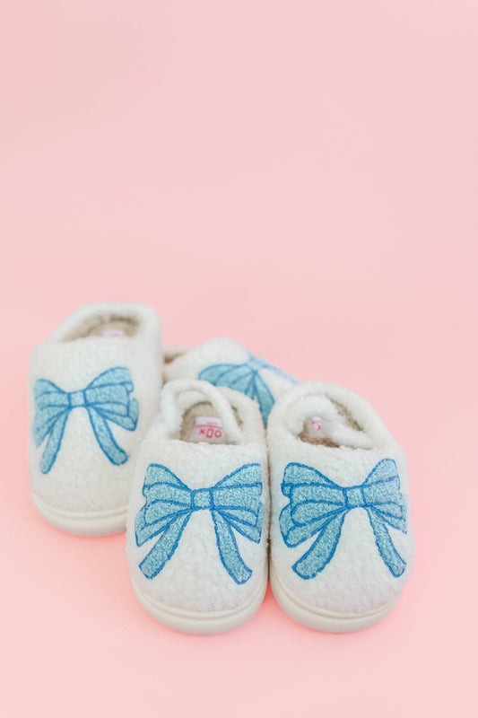 Toddler/Kids Fuzzy Plush Slippers with Blue Bow