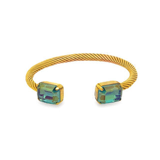 Gold bracelet with green gemstones on a white background
