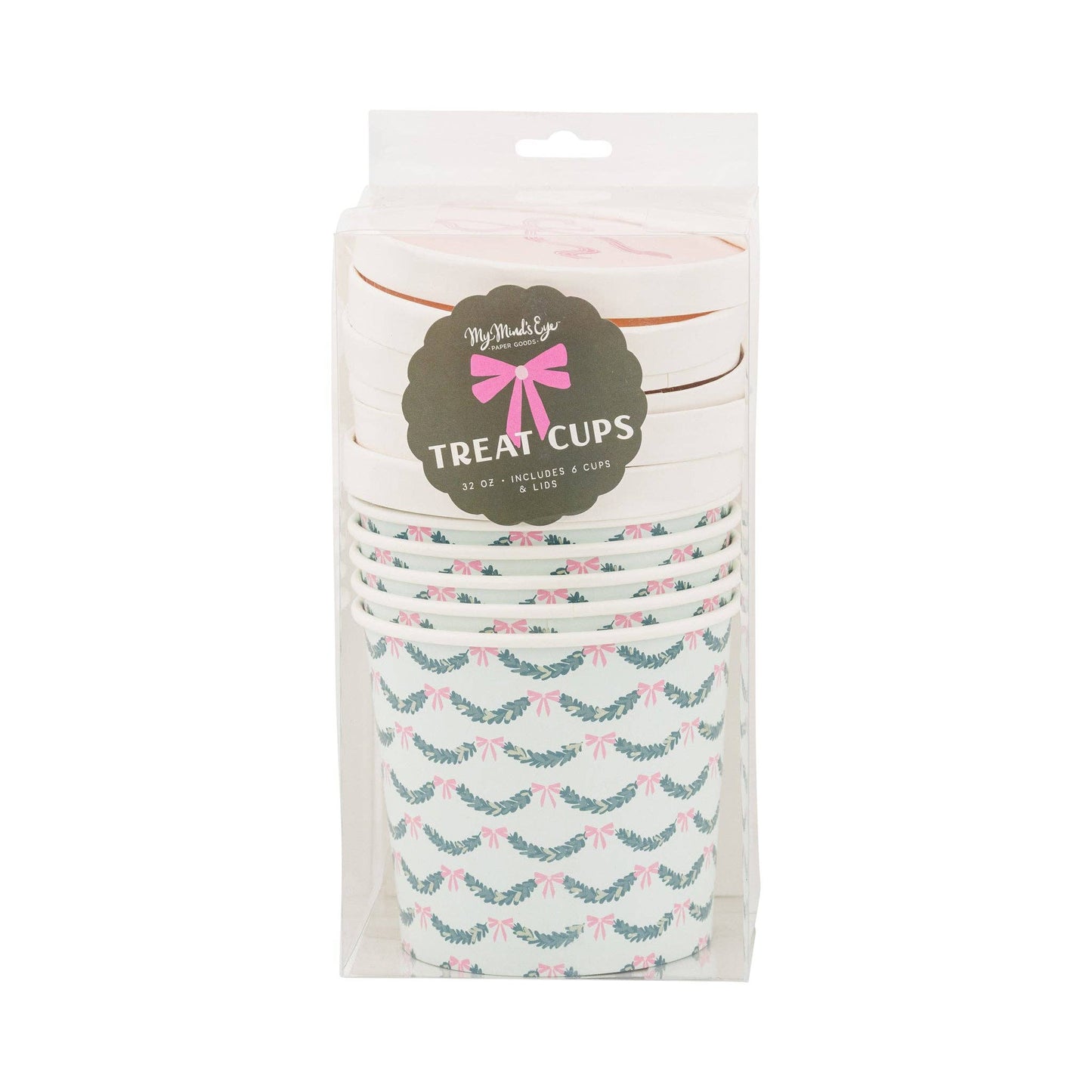 Pink Bow Garland Take Out Treat Cups 32 oz/6ct