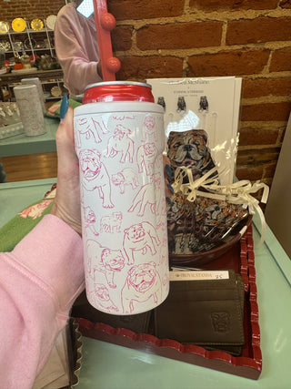 Pink & White Bulldog Insulated Slim Can Koozie 12oz