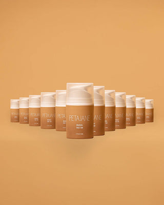 Row of Peta Jane sunless tanning products on a matching brown background