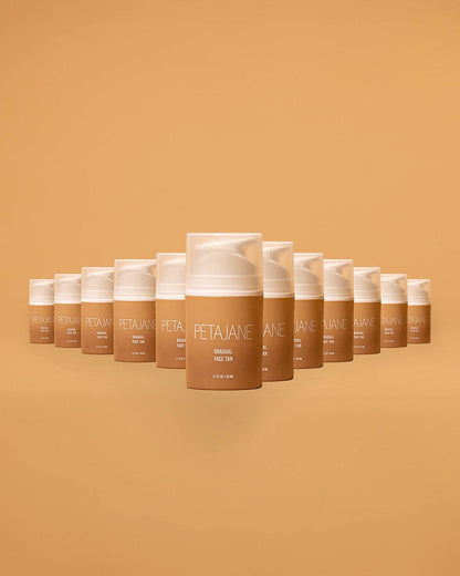 Row of Peta Jane sunless tanning products on a matching brown background
